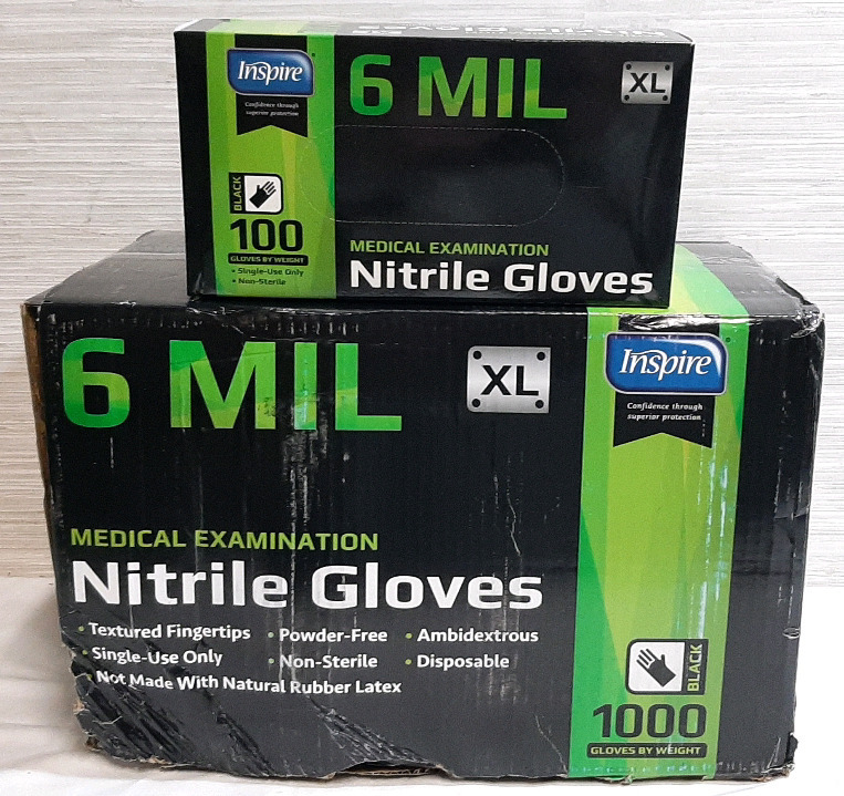 New In Box Inspire 6 Mil XL Black Nitrile Medical Examination Gloves - 1,000 Gloves in Total