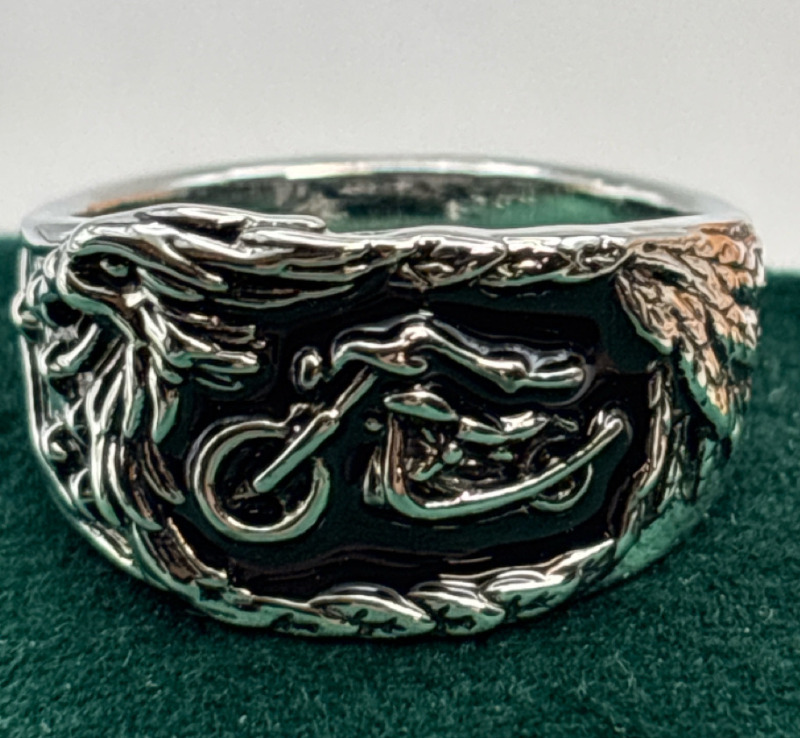 Stainless Steel Motorcycle Ring Black Engraved Eagle and Bike Design Size 10