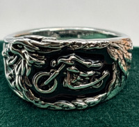 Stainless Steel Motorcycle Ring Black Engraved Eagle and Bike Design Size 10