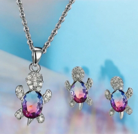 Chic 3 Piece Turtle Set Pink Blue Gradient Mystic Glass Accent Shades Includes Necklace & Earrings