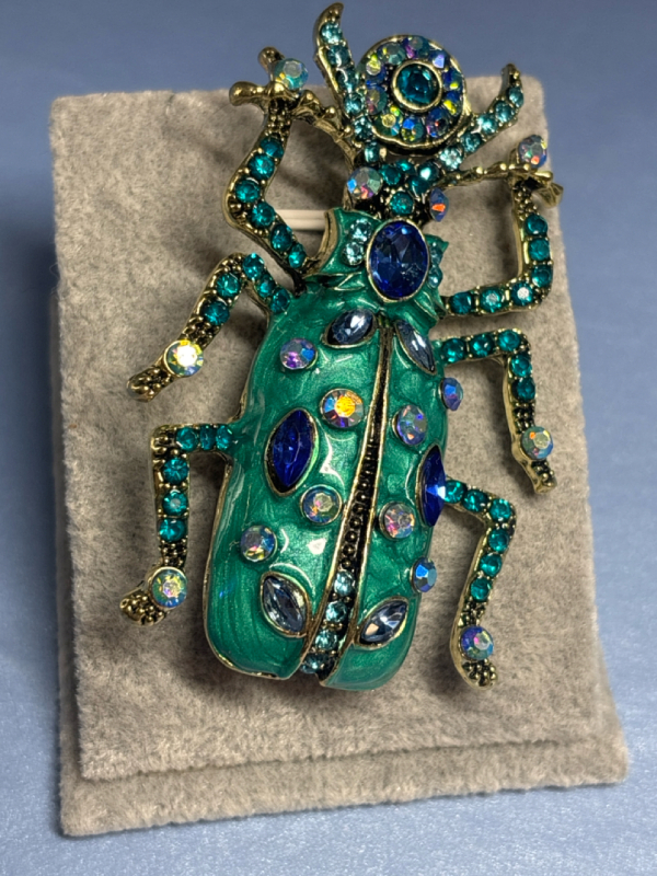 Statement Cyan Enamel Scarab Beetle Brooch with Sparkling Rhinestones Approximately 1.5 x 2.75 Inch
