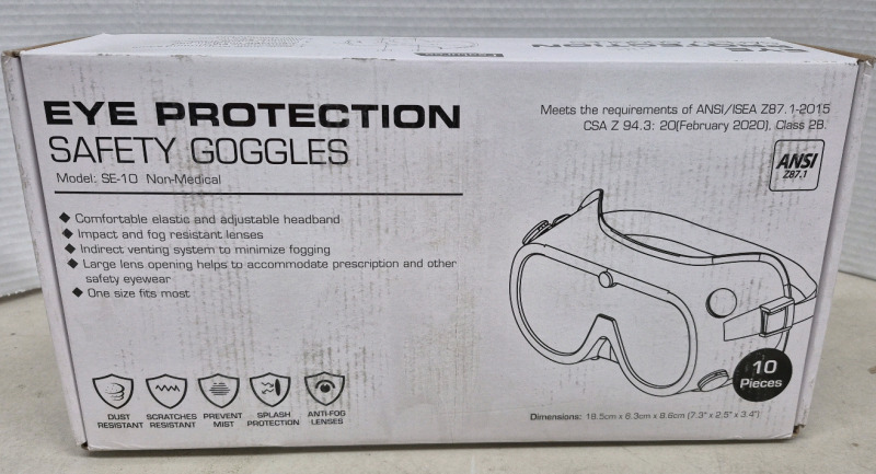 10 New Eye Protection Safety Goggles Model SE-10 Non-Medical Retails for $69.99