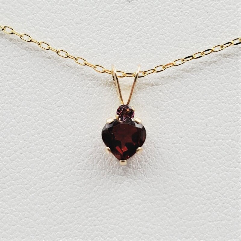 10KT Yellow Gold Natural Garnet (0.50ct0 and Natural Tourmaline Heart Shape Pendant with Gold Plated Sterling Silver Chain, Retail $470.00. Garnet is the birthstone for January.