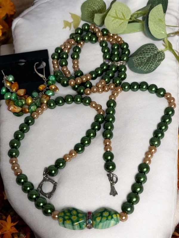Sterling 925 Drop FW Pearl Earrings Faux Pearl and Bracelet Rhinestone Set - Green and Golden Pearls