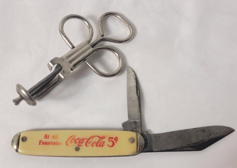 Vintage Coca-Cola 2-Blade Pocket Knife & Antique Cherry Pitter