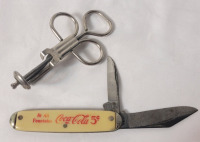 Vintage Coca-Cola 2-Blade Pocket Knife & Antique Cherry Pitter