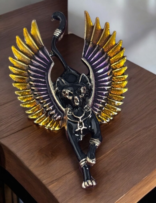 Egyptian Revival Goddess Black Cat Wings Brooch Pendant Vintage Deco Look Approximately 2.35 x 1.5 Inch