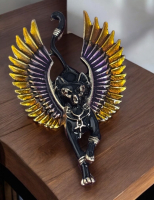 Egyptian Revival Goddess Black Cat Wings Brooch Pendant Vintage Deco Look Approximately 2.35 x 1.5 Inch