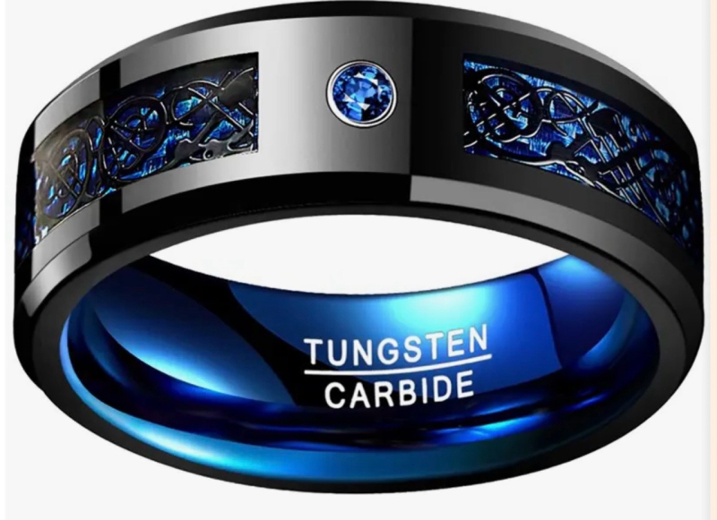 Unique Dragon Patterned 8MM Wide Inlaid Blue Carbon Fiber Tungsten Men's Ring Durable Stylish Size 9