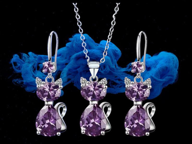 3 Piece Cat Earrings / Necklace Set Shiny Sparkling Purple Crystal Pendant Approximately 1.5 Inch drop / 17 In Chain 2 In extender