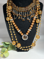 Dripping Topaz Colour Choker / Flapper Yellow Glass Bead Necklace / Golden Pearl Faux Toggle Necklace