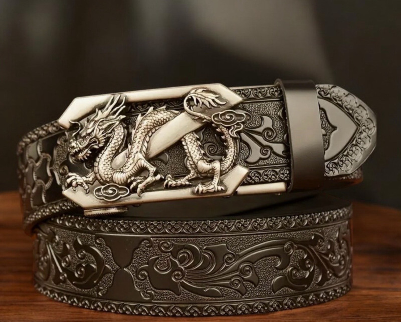 Genuine Leather Dragon Head Automatic Buckle Black Embossed Belt 47.24 inch Adjustable