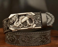 Genuine Leather Dragon Head Automatic Buckle Black Embossed Belt 47.24 inch Adjustable