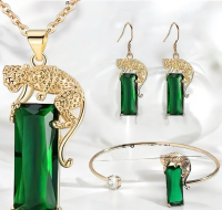 Rectangle Leopard Dangle Earrings / Necklace / Bracelet Set Green Zirconia Inlaid