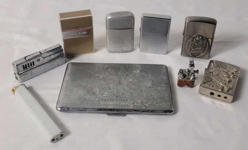 Vintage Har-Bro of England Engraved Map of Canada & Map of USA Cigarette Case plus Vintage Lighters . Includes Aladdin Mini Lift-Arm Lighter