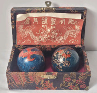 Vintage Chinese Dragon & Phoenix Chime Blue Cloisonn&eacute; Iron Baoding Stress Balls w/Case