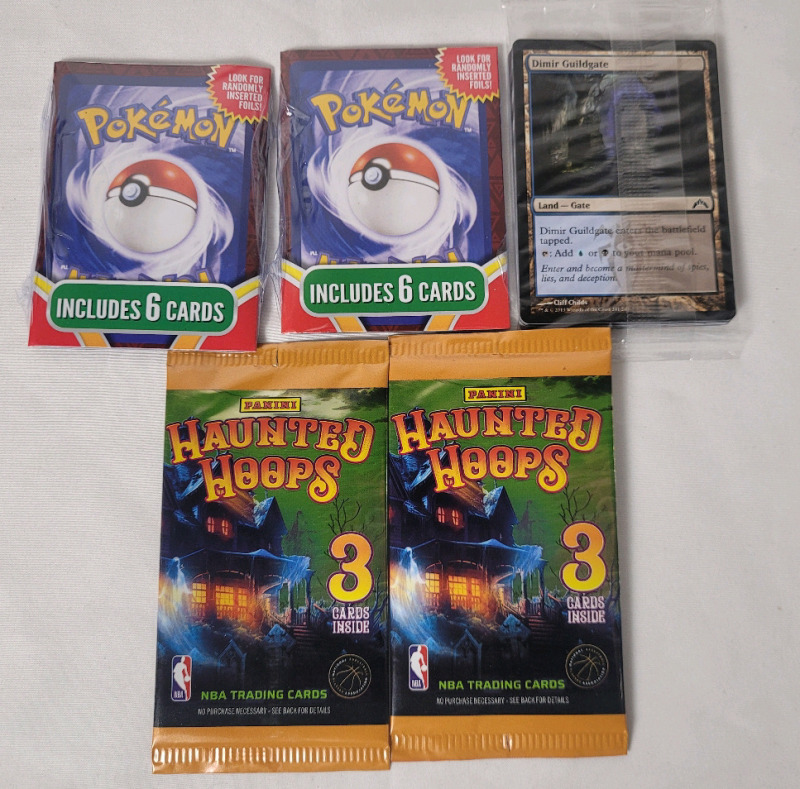 Pok&eacute;mon , Magic the Gathering & 2023 Panini NBA Basketball Trading Card Sealed Packs .