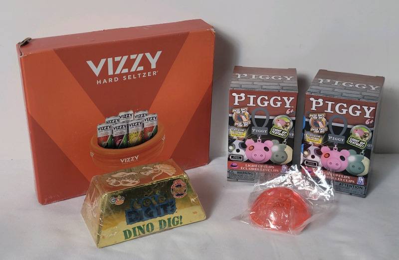 New - GOLD Dig It! Dino Dig Bar , Two (2) Piggy Light-Up Clips , Glitter Poppin Hopper & Vizzy Hard Seltzer Pool Cooler