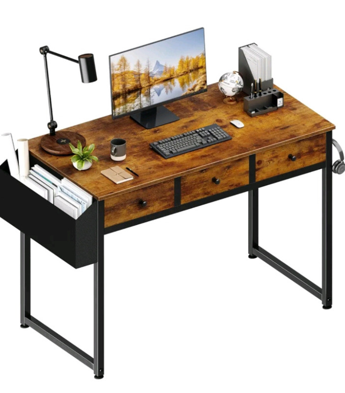 New In Box | Lufeiya 39 Inch Desk with Drawers for Bedroom /Home Office Desks with 3 Fabric Storage Drawer and Pocket, Study Writing Table Rustic Computer Desk, Vintage Brown | *Retails $190+ *