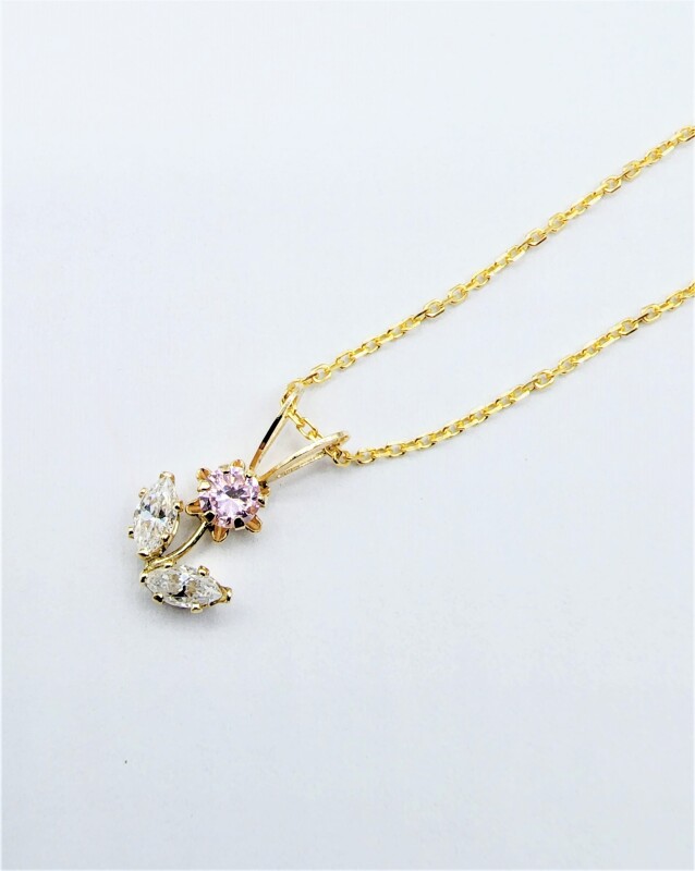 10KT Yellow Gold Pink and White CZ (0.30ct) Flower Shape Pendant with Gold Plated Sterling Silver Chain, Retail $680.00.