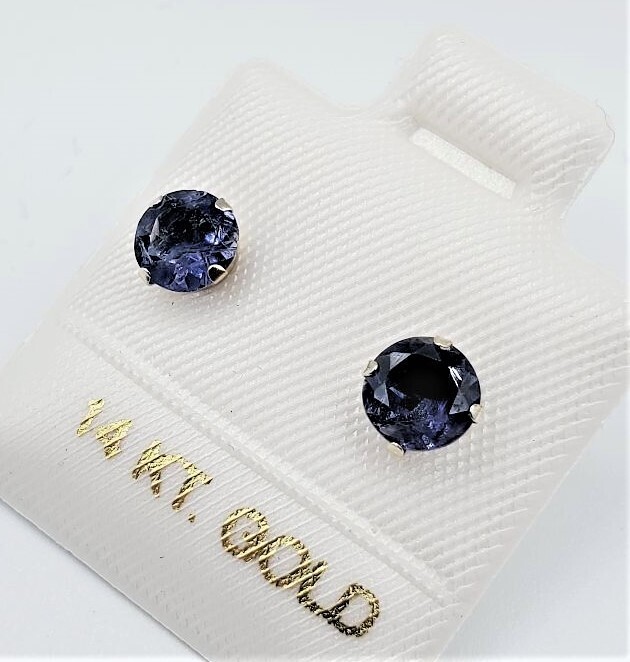 14KT White Gold Natural Iolite 6mm Earring, Retail $350.00.