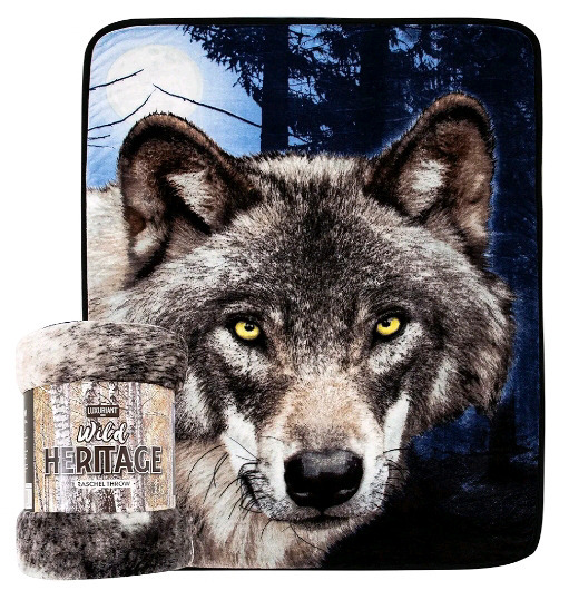 New | 60" x 80" Wolf Themed Luxuriant Home Wild Heritage Raschel Throw Blanket