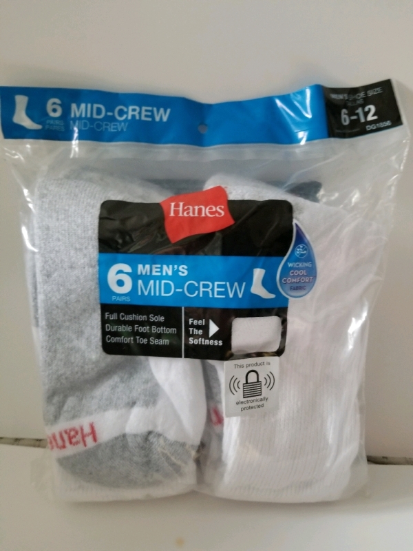 6 new pairs men's mid crew Hanes socks size 6-12