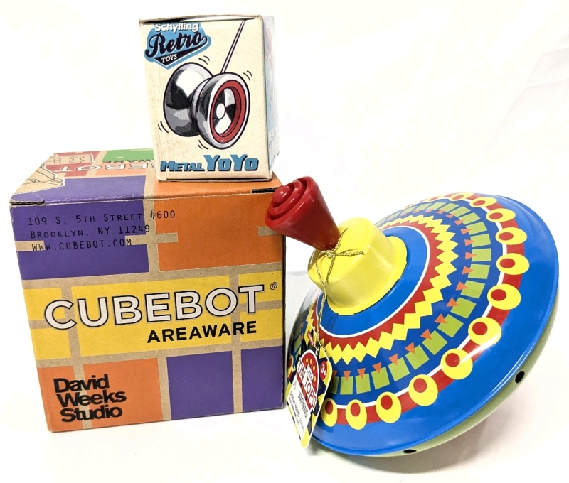 Areaware Mini Cubebot / Wooden Toy Robot / Multicoloured + New Schylling Retro Metal Yo-Yo & New Schylling Little Tin Top Toy
