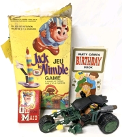 Vintage 1970s Jack Be Nimble Game (Incomplete), TMNT Ninja Stealth Bike + 4.5" Tall Raphael Figure, Vintage Party Games Birthday Book & Old Maid