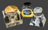 Vintage to Possibly Antique : Large Inkwell with Brass Top, Inkwell with Clear Top & Empty Waterman's Blue Black Ink Bottle - Up to 2.75" Tall