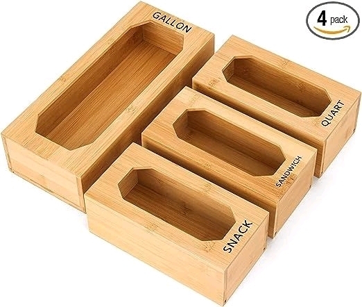 New in Box - Set of 4 Wojoiul Bamboo Ziplock Storage Boxes for Gallon, Snack, Sandwich & Quart Bags