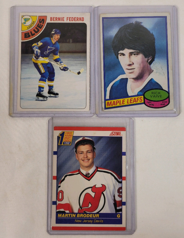 1990 Martin Brodeur Score Rookie Trading Card , 1978 Bernie Federko OPC Rookie Card & 1980 Rick Vaive OPC Rookie Card