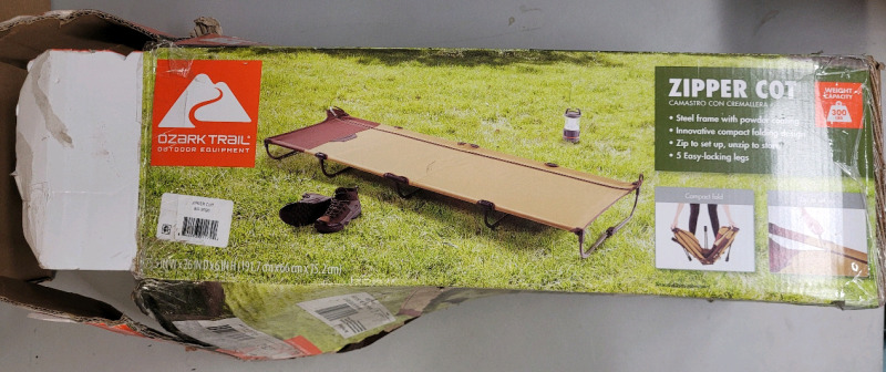 Ozark Trail Camping Zipper Cot , measures 75"&times;26"&times;6" . 300lb Max. . Store Return . R & T will Honor 5-Day Return on Zipper Cot from Pickup Date