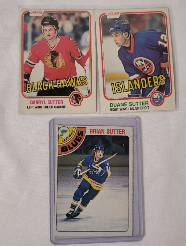 NHL Hockey Sutter Bothers Rookie Trading Cards . 1978 Brian Sutter & 1981 Darryl and Duane Sutter Rookie Trading Cards