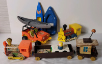 Vintage Fisher-Price Toy Lot . 1977 Adventure Jeep and Boats , 1964 Chug Train & 1964 Toot-Toot Train