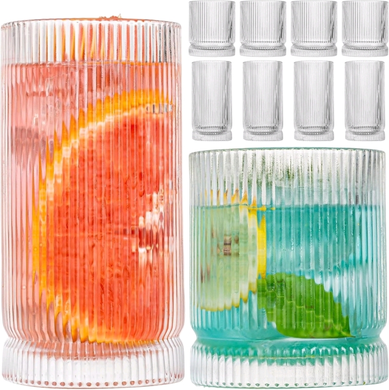 New in Box - Set of 8 Stacking Ribbed Dribking Glass Cups / 4 Highball Glasses 15oz & 4 Rocks Glasses 12oz