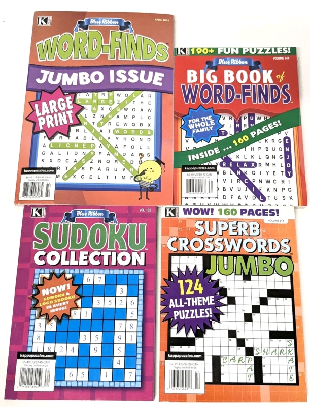 4 New Paperback Puzzle Books: 2&times; Word-Finds, 1&times; Crosswords & 1&times; Sudoku