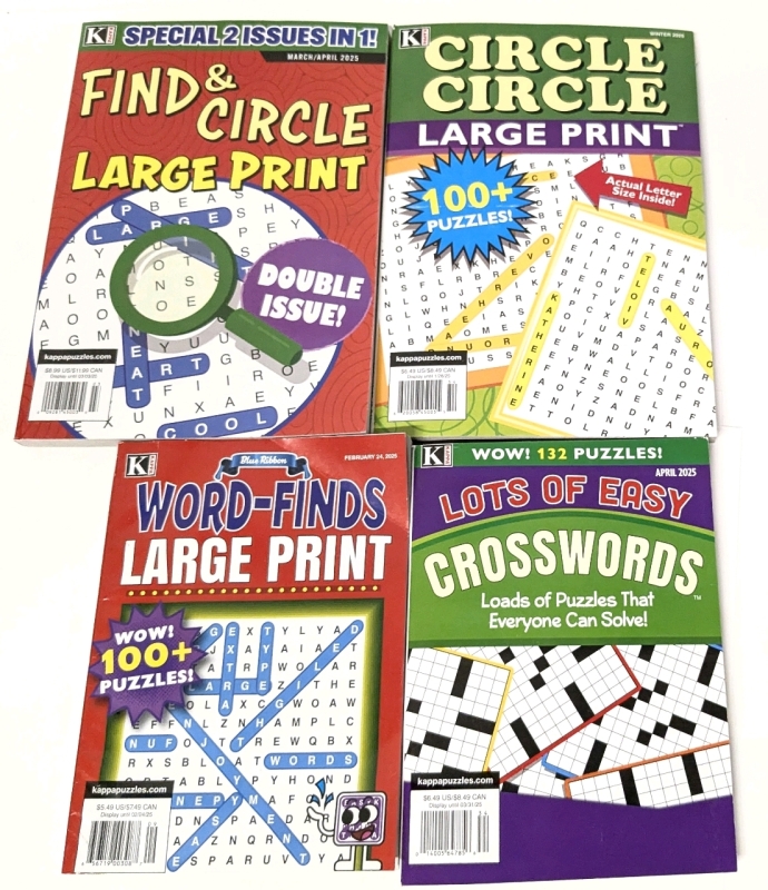 4 New Paperback Puzzle Books: 3&times; Word-Finds, 1&times; Crosswords
