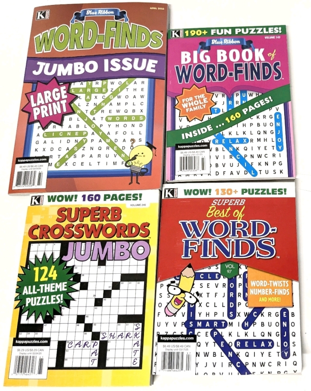 4 New Paperback Puzzle Books: 3&times; Word-Finds, 1&times; Crosswords