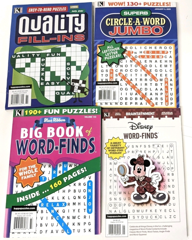 4 New Paperback Puzzle Books: 3&times; Word-Finds (Including Disney), 1&times; Crossword Fill-Ins