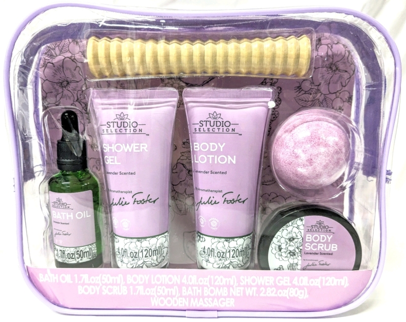 New 6-Piece Studio Selection Lavender Bath Set: Bath Oil, Shower Gel, Body Lotion, Bath Bomb, Body Scrub in Makeup Case | EXP 04/09/2027