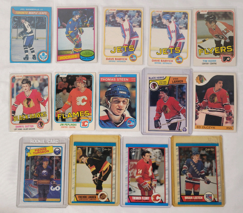 1979 - 1989 O Pee Chee NHL Hockey Rookie Trading Cards . 14 Trading Cards
