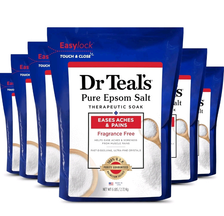 6 New Packs | 36LBS Total Dr Teal's Pure Epsom Magnesium Salt Soak, Fragrance Free
