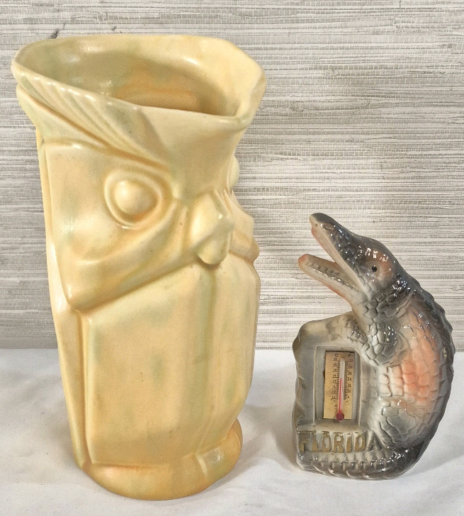 Ceramic 8.25" Owl Pitcher Made In England & Thermometer Alligator