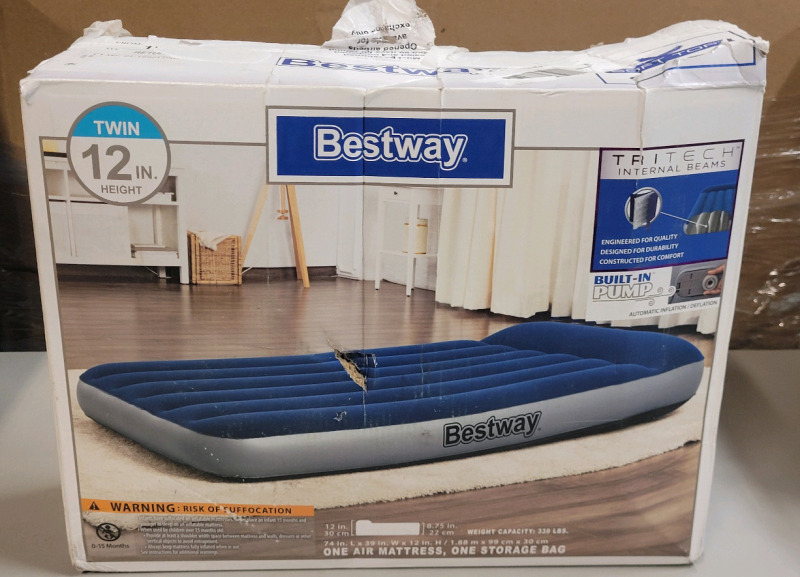 Bestway Twin Blow-Up Air Mattress w/Built-in Pump , Measures 74"&times;39"&times;12" . Store Return . R & T will Honor 5-Day Return on Mattress from Pick-Up Date .