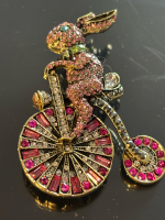 Adorable Rhinestone Enamel Rabbit Brooch On Tall Bicycle<br/>Approximately 2.5 x 1.5 Inch