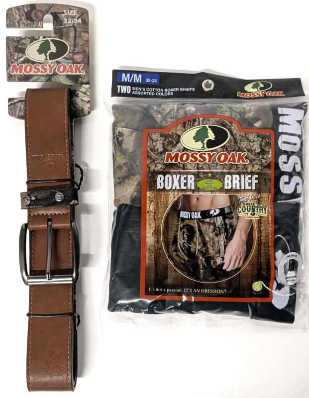 New Size Med (32-34) Men's MOSSY OAK 2-Pack Cotton Boxer Briefs & Size 32/34 Brown Belt