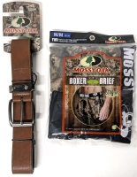 New Size Med (32-34) Men's MOSSY OAK 2-Pack Cotton Boxer Briefs & Size 32/34 Brown Belt