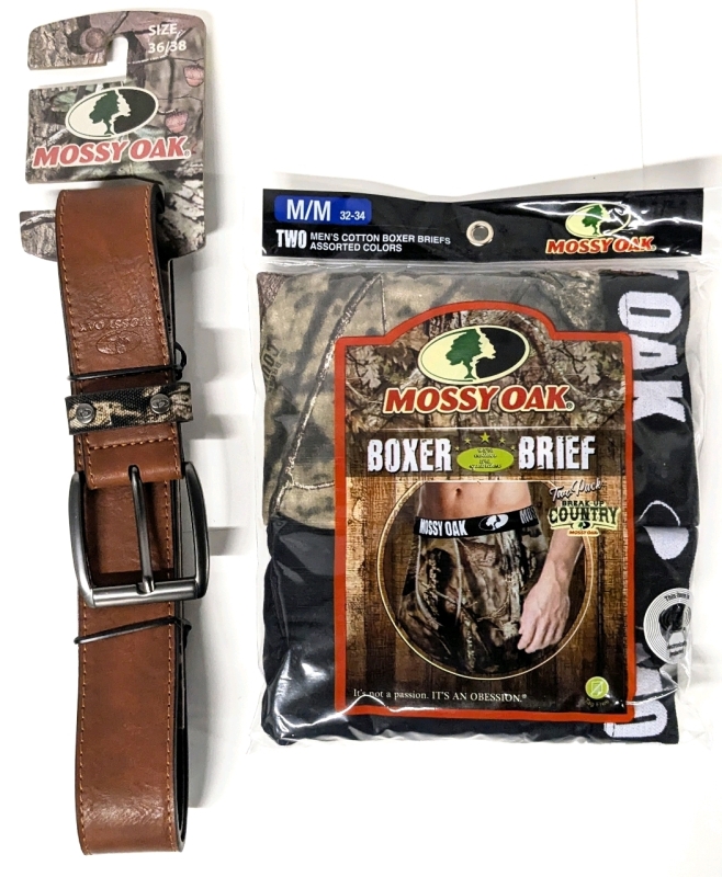 New Size Med (32-34) Men's MOSSY OAK 2-Pack Cotton Boxer Briefs & Size 36/38 Brown Belt