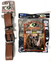 New Size Med (32-34) Men's MOSSY OAK 2-Pack Cotton Boxer Briefs & Size 36/38 Brown Belt
